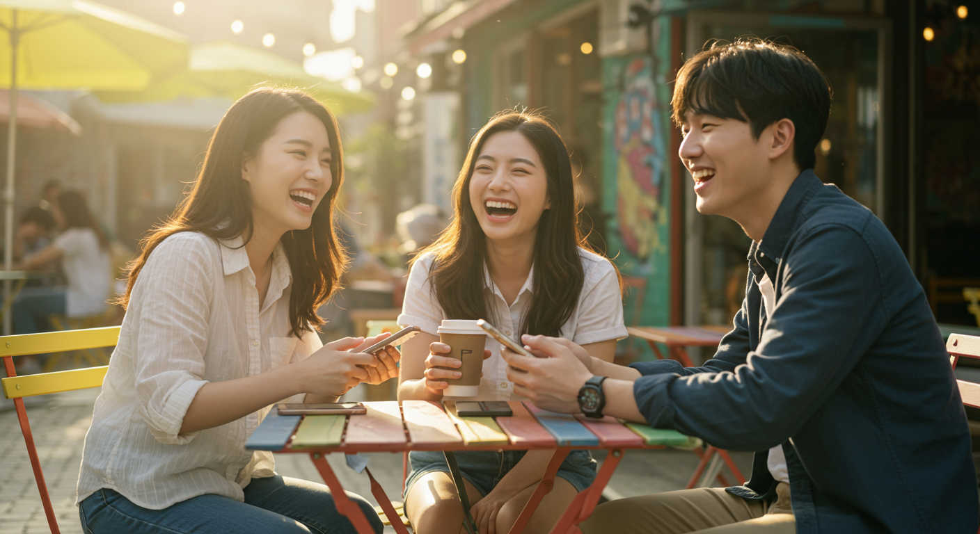 야외 카페에서 서로 다른 프로필 화면이 보이는 스마트폰과 함께 웃고 있는 친구들