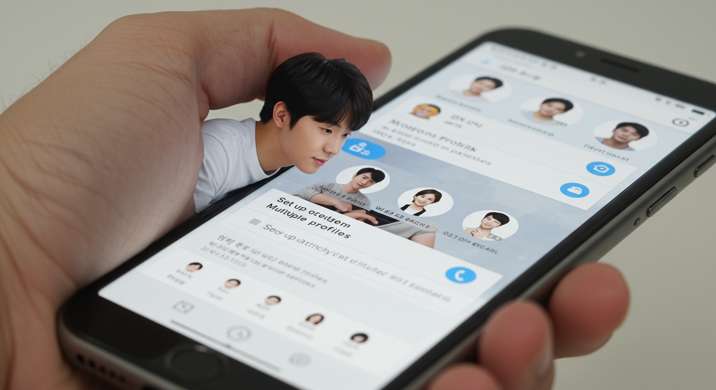 젊은 남성이 카카오톡 앱에서 멀티프로필 설정 단계를 따르는 모습