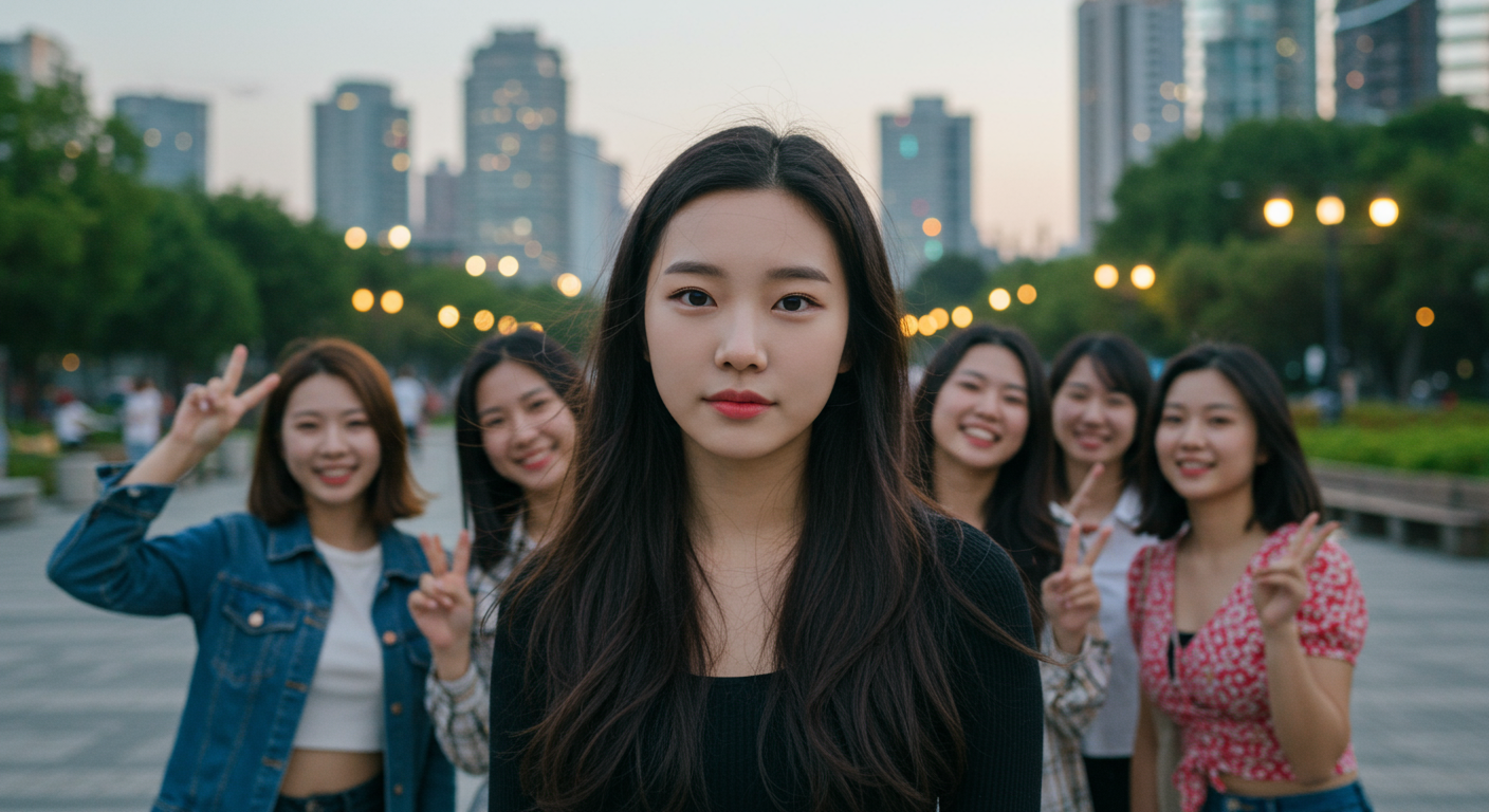 친구들과 함께 외출하여 자신감 넘치게 사진을 찍고 있는 젊은 여성