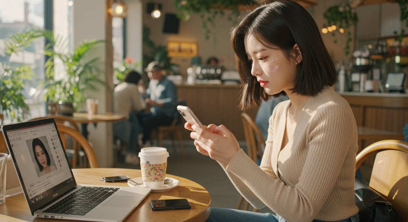 카페에서 메이투 앱으로 프로필 사진을 편집 중인 인플루언서
