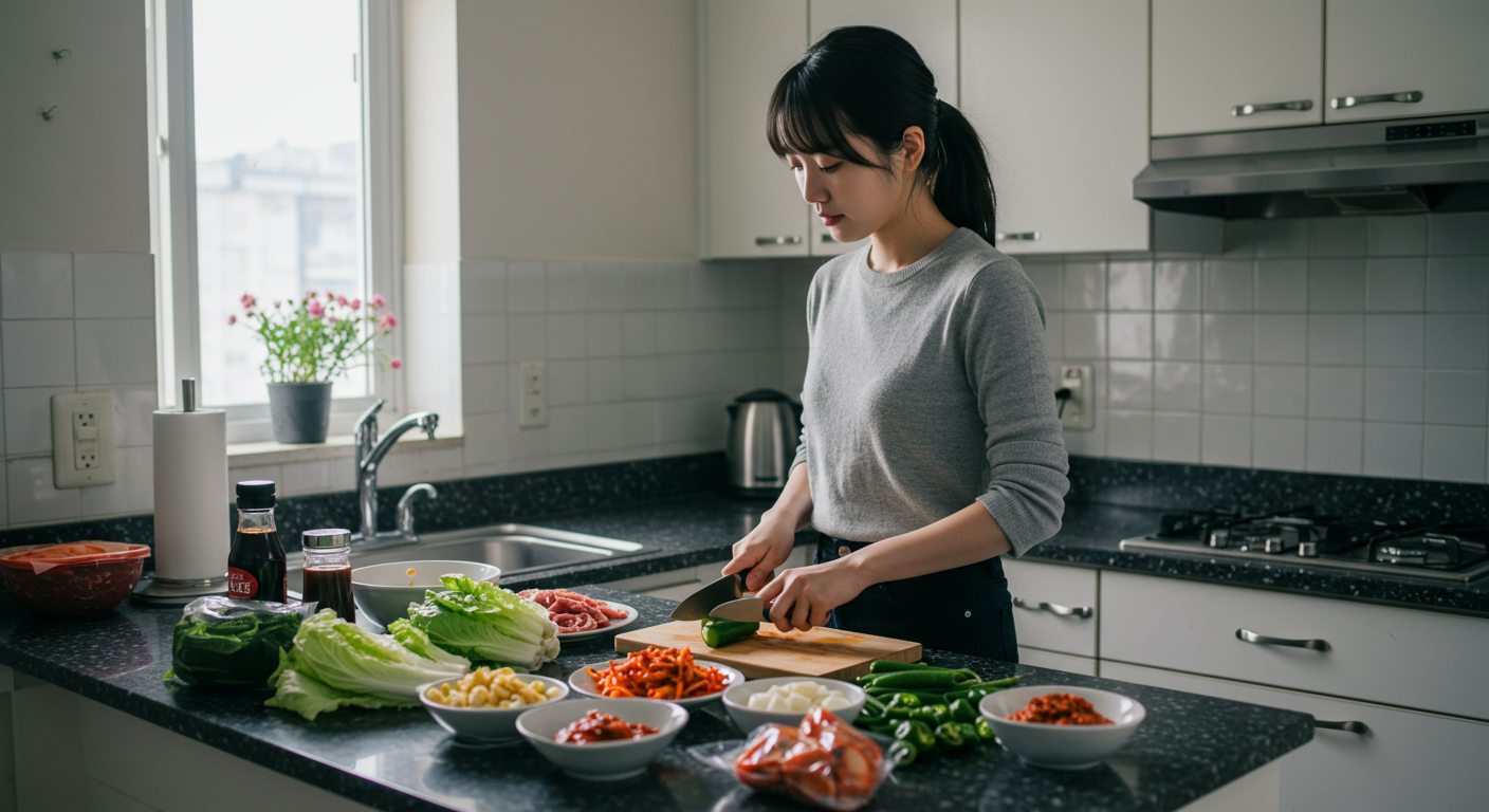 현대적인 주방에서 바쁜 한국 직장인이 빠르게 요리를 준비하는 모습