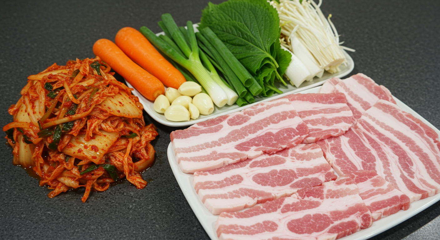주방 조리대에 가지런히 놓인 신선한 김치와 돼지고기 및 채소들