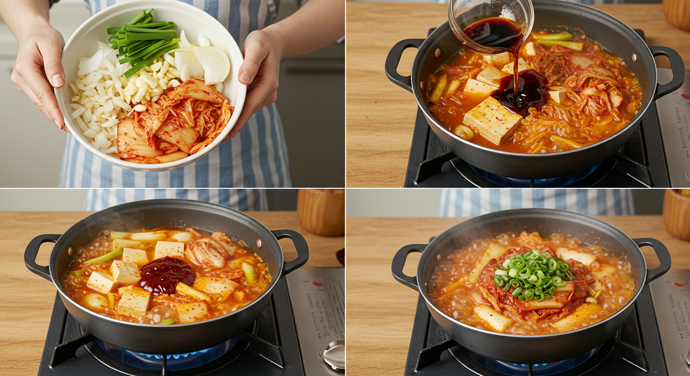 김치찌개가 끓고 있는 냄비에 다양한 재료들이 손으로 첨가되는 장면