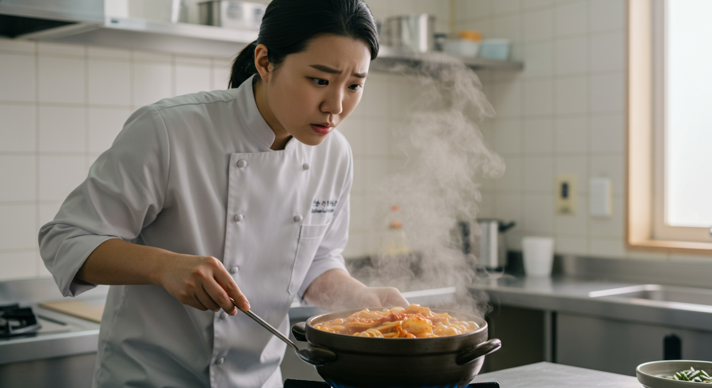 김치찌개를 끓이며 열 조절을 고민하는 젊은 요리사의 모습
