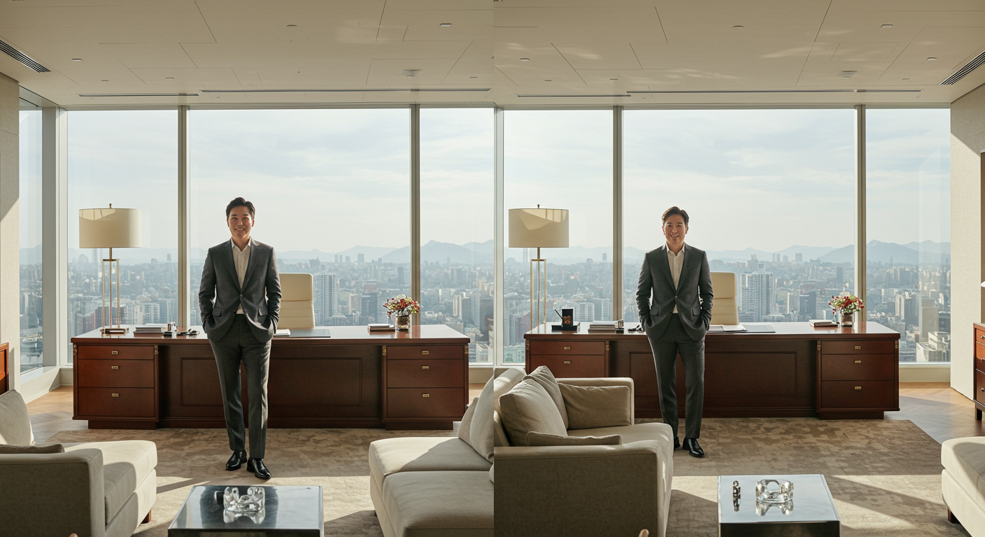 세련된 사무실에서 매력적이지만 계산적인 눈빛을 가진 CEO