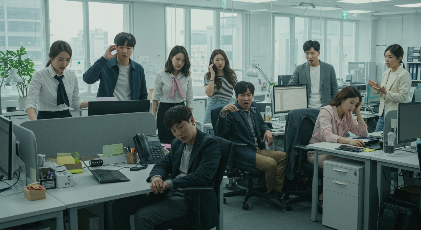 오픈 플랜 사무실에서 좌절감과 불평등을 느끼는 다양한 직장인들