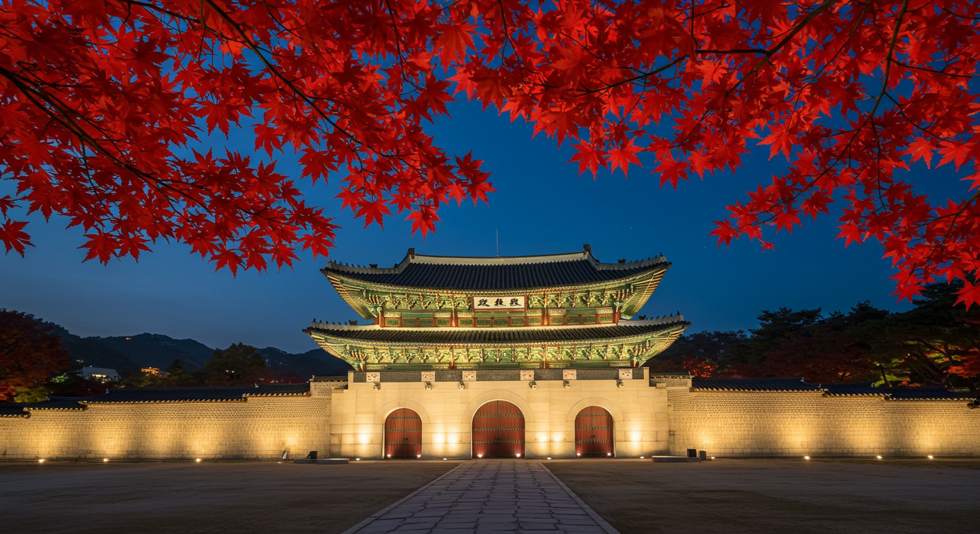 야간에 조명이 비추는 경복궁과 붉게 물든 단풍