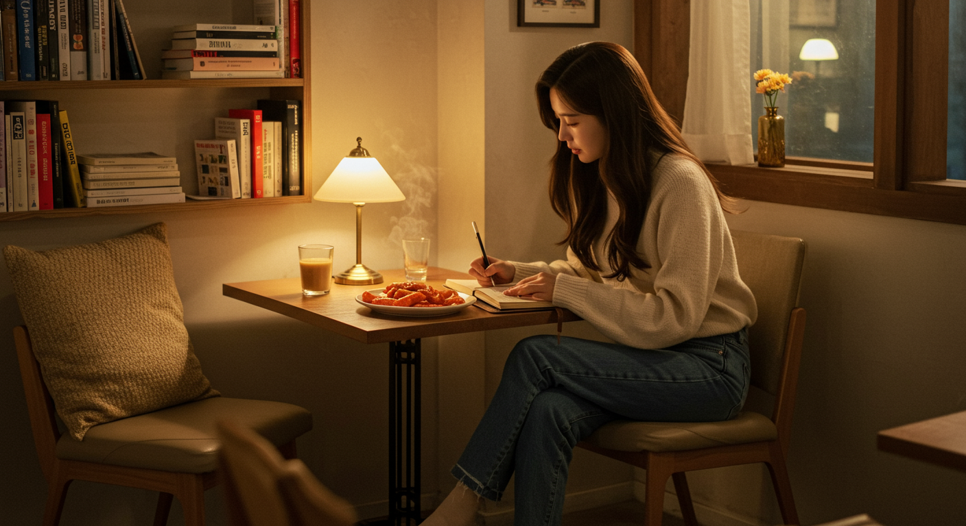 카페에서 떡볶이를 옆에 두고 일기를 쓰는 여성의 따뜻한 모습