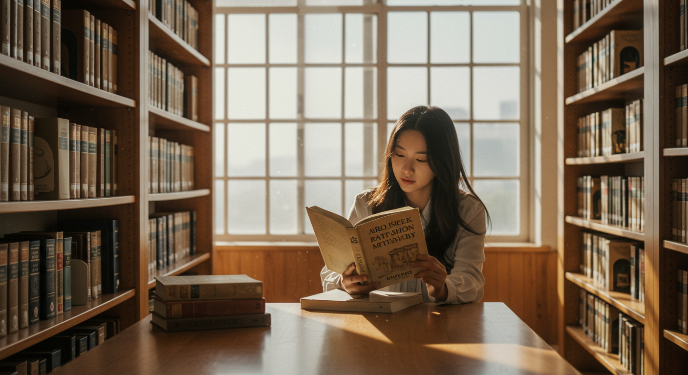 현대 한국 도서관에서 그리스 신화를 읽고 있는 젊은 여성