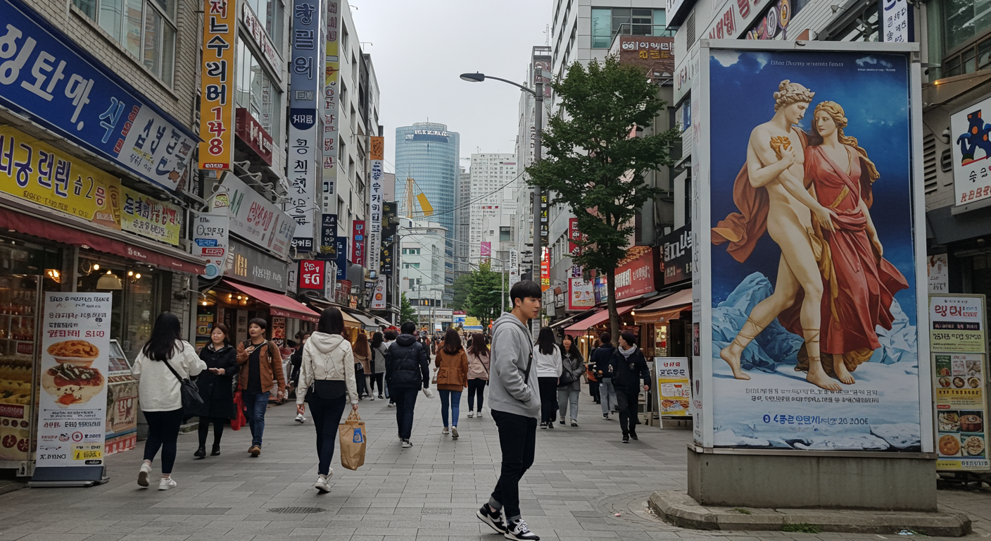 한국 도시 거리에서 아폴론과 다프네 신화를 생각하는 남성