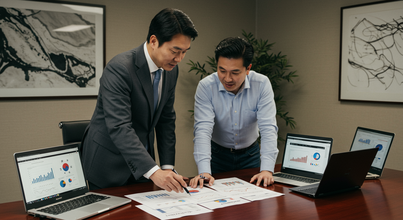 세련된 사무실에서 서류와 노트북을 놓고 투자를 논의하는 사업가