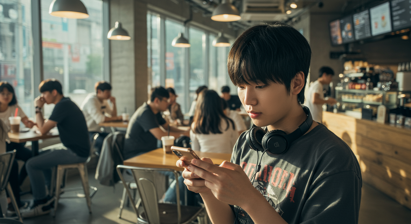 서울 카페에서 스마트폰으로 SNS 콘텐츠를 시청하는 현대적인 청소년