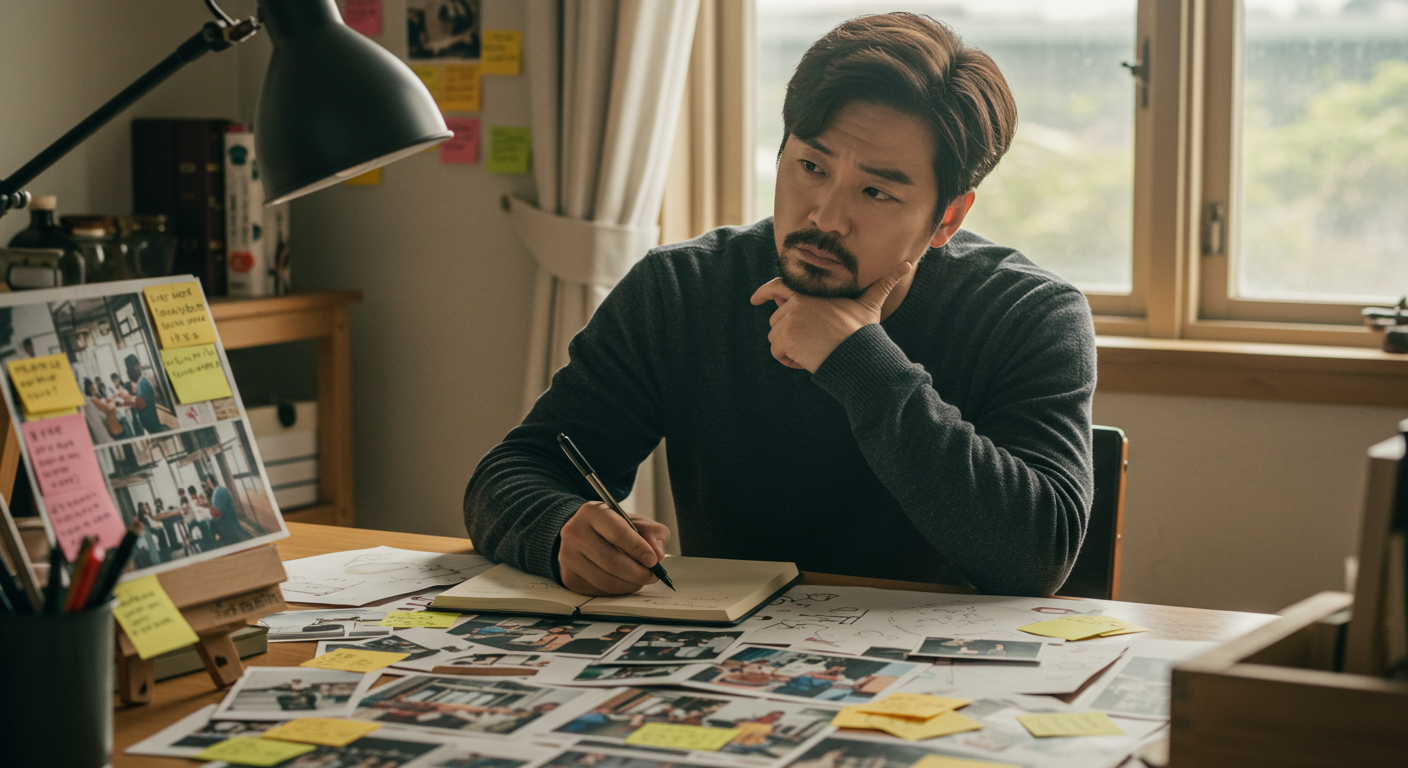 설득력 있는 사회적 메시지를 위한 시나리오를 작성 중인 작가