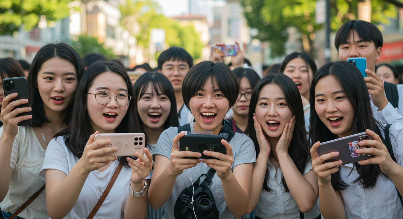 한국의 젊은 팬들이 스마트폰을 통해 새로운 애니메이션 게임 출시를 즐기는 모습