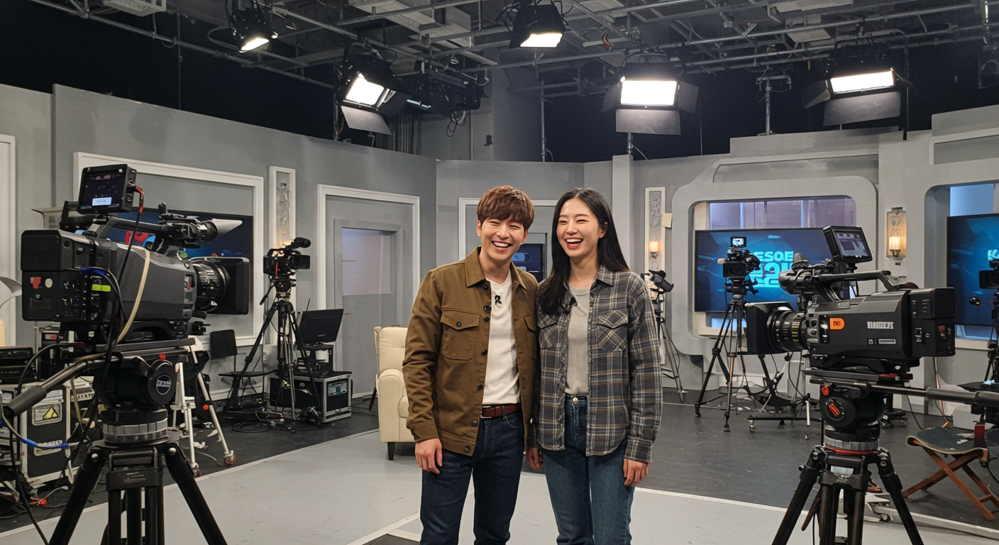 예능 촬영장에서 서로를 보며 미소 짓는 한국 커플