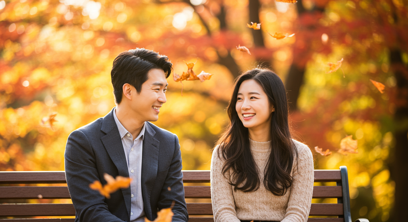 가을 공원에서 화해하며 미소 짓는 커플