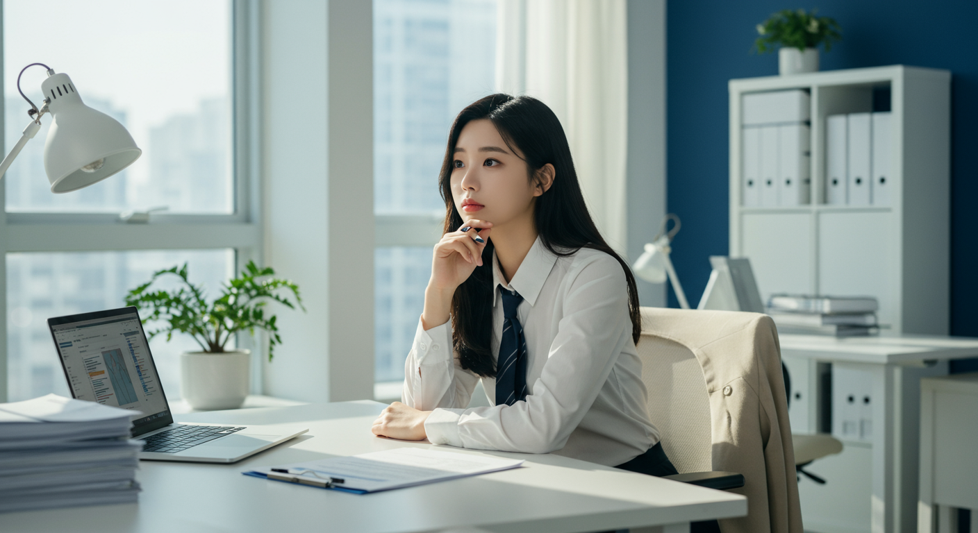현대적인 사무실에서 노트북과 서류를 보며 진로를 고민하는 직장인