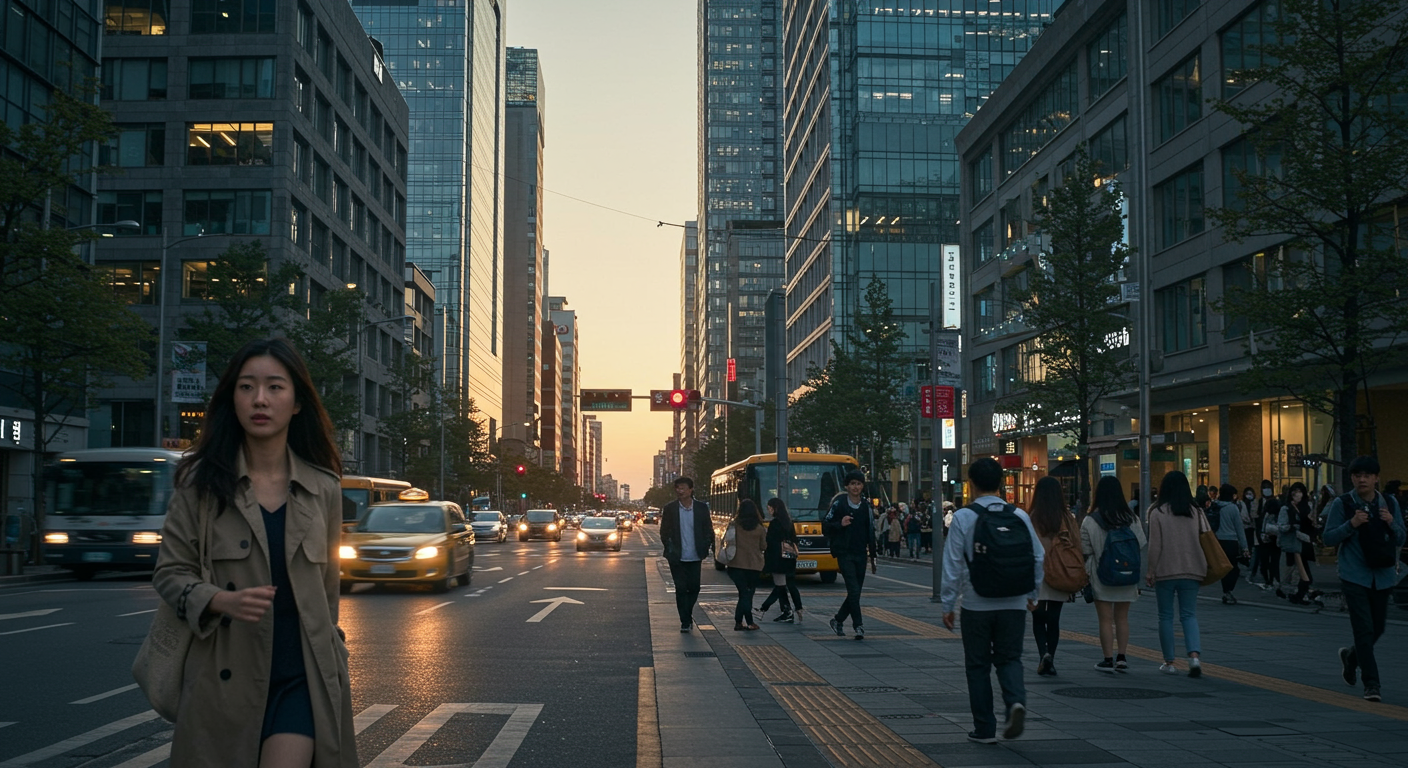 강남의 번화한 거리에서 출퇴근하는 사람들과 오피스 빌딩의 풍경