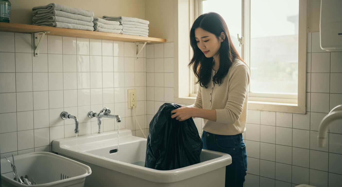깨끗한 세탁실에서 미온수로 에르노 재킷을 조심스럽게 손빨래하는 여성