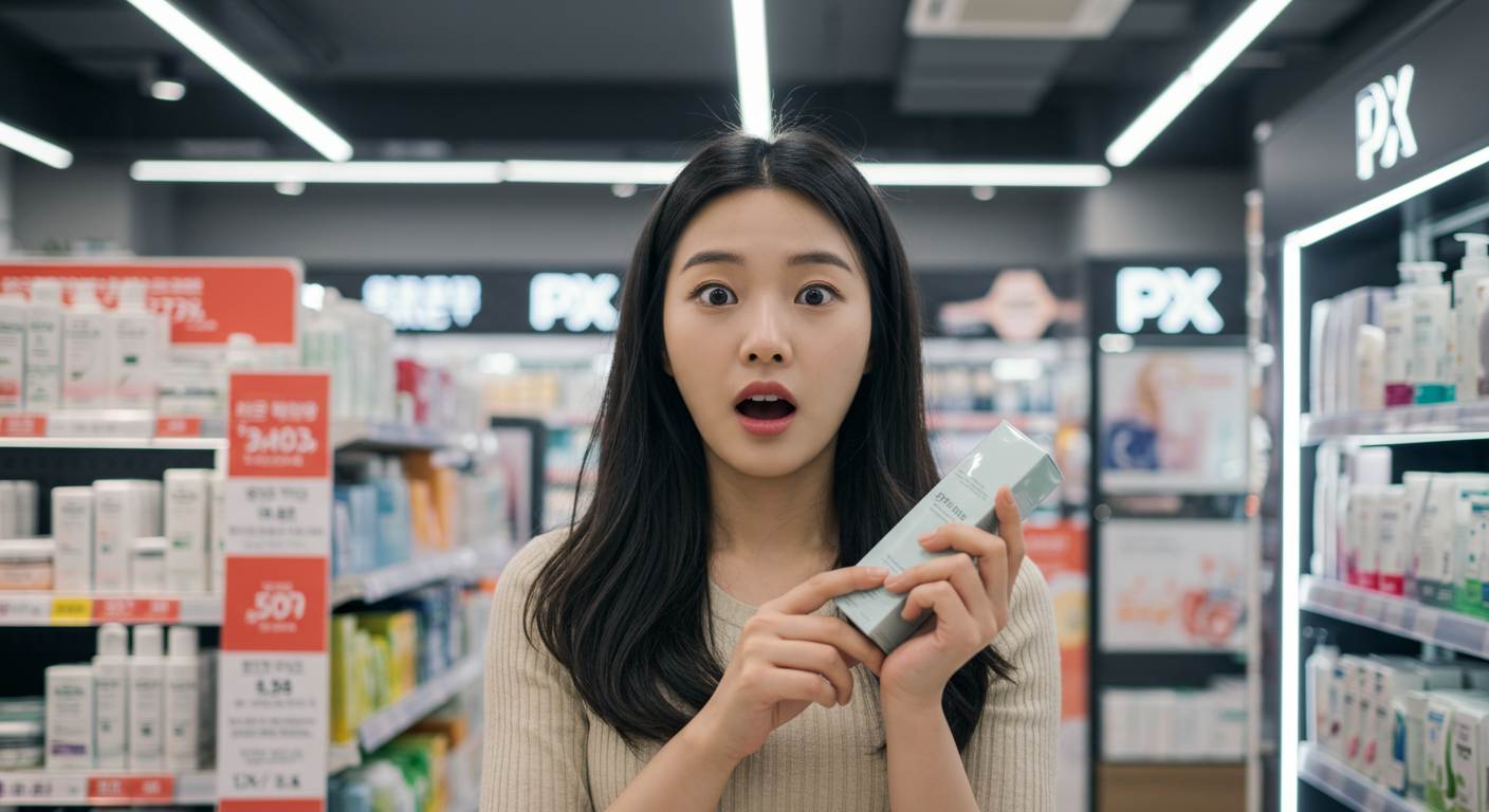 젊은 여성이 PX 매장에서 놀란 표정으로 화장품을 들고 있는 모습