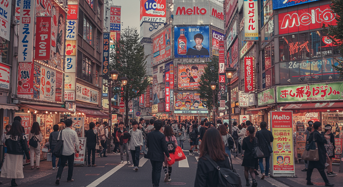 도쿄 거리에서 보이는 '멜트' 관련 광고와 트렌디한 패션을 한 사람들