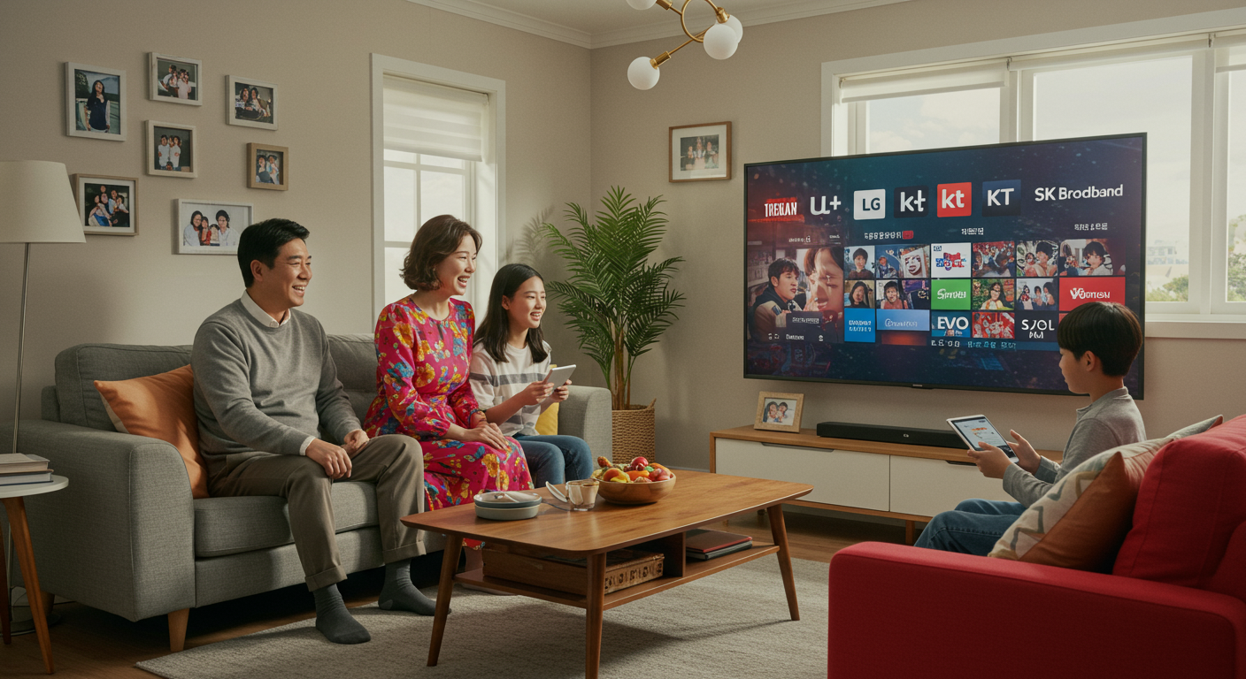 LG U+, KT 및 SK 브로드밴드 로고가 보이는 TV로 스트리밍 서비스를 즐기는 가족의 모습