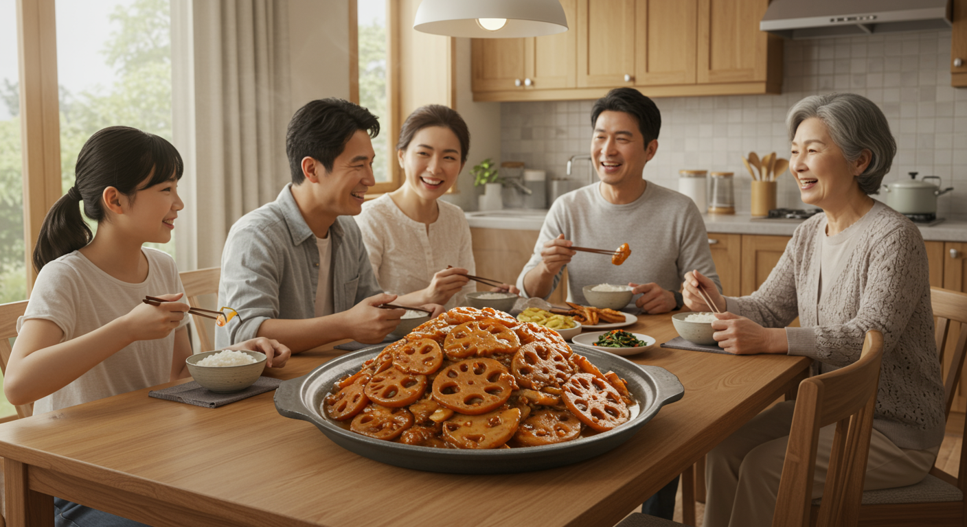 가정에서 가족들이 함께 식사를 즐기며 중앙에 놓인 풍성한 양념 연근 요리가 돋보이는 모습