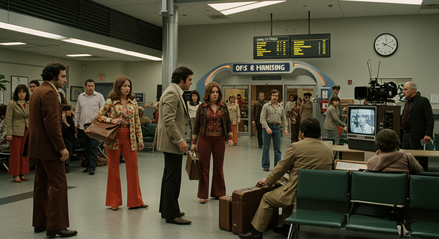 1970년대 공항 납치 상황을 재현한 영화 세트장과 빈티지 의상의 배우들