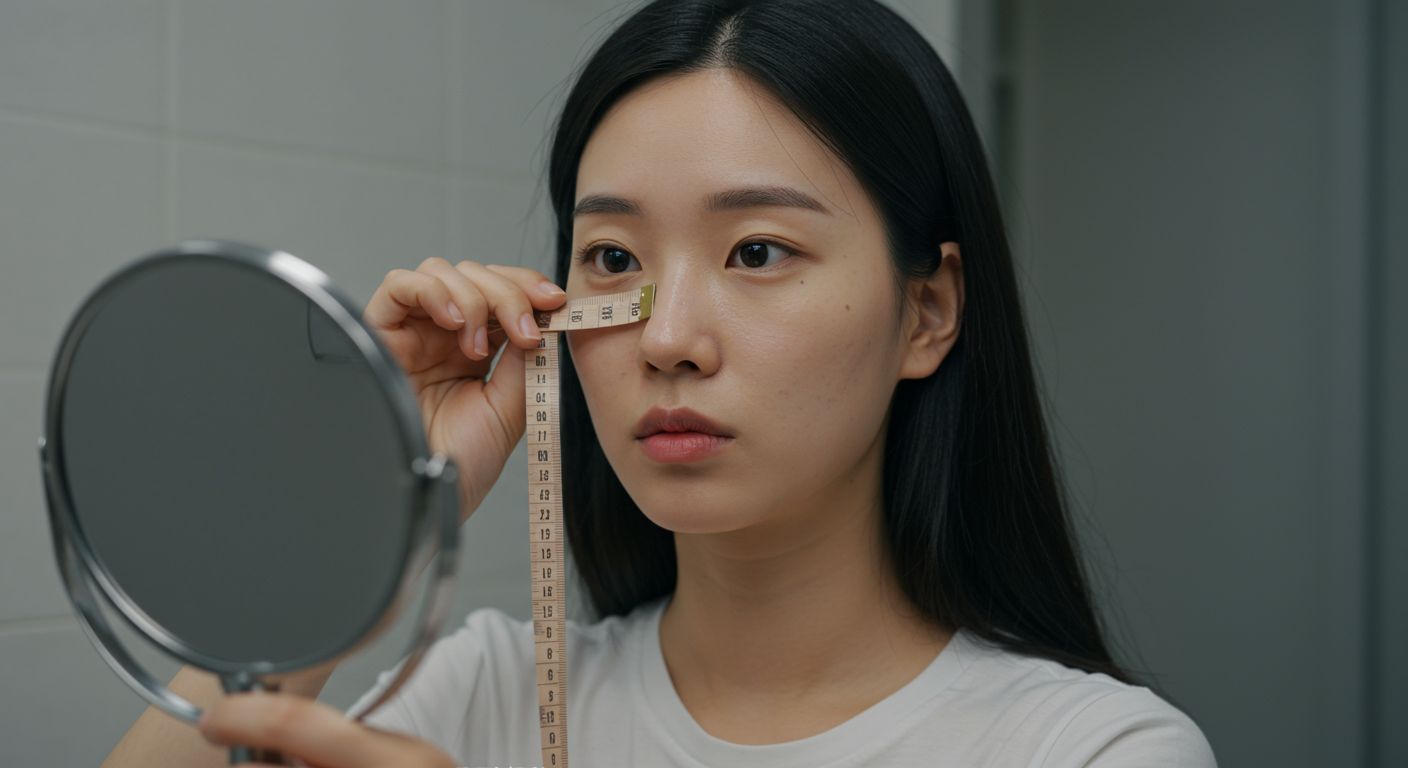거울 앞에서 자신의 얼굴 형태를 측정하는 한국 여성