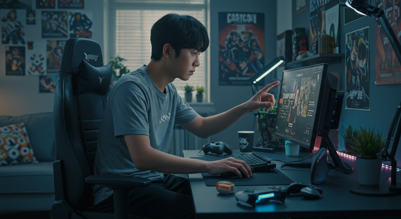 젊은 게이머가 집에서 게임 콘솔 화면에 쿠폰 코드를 입력하는 모습