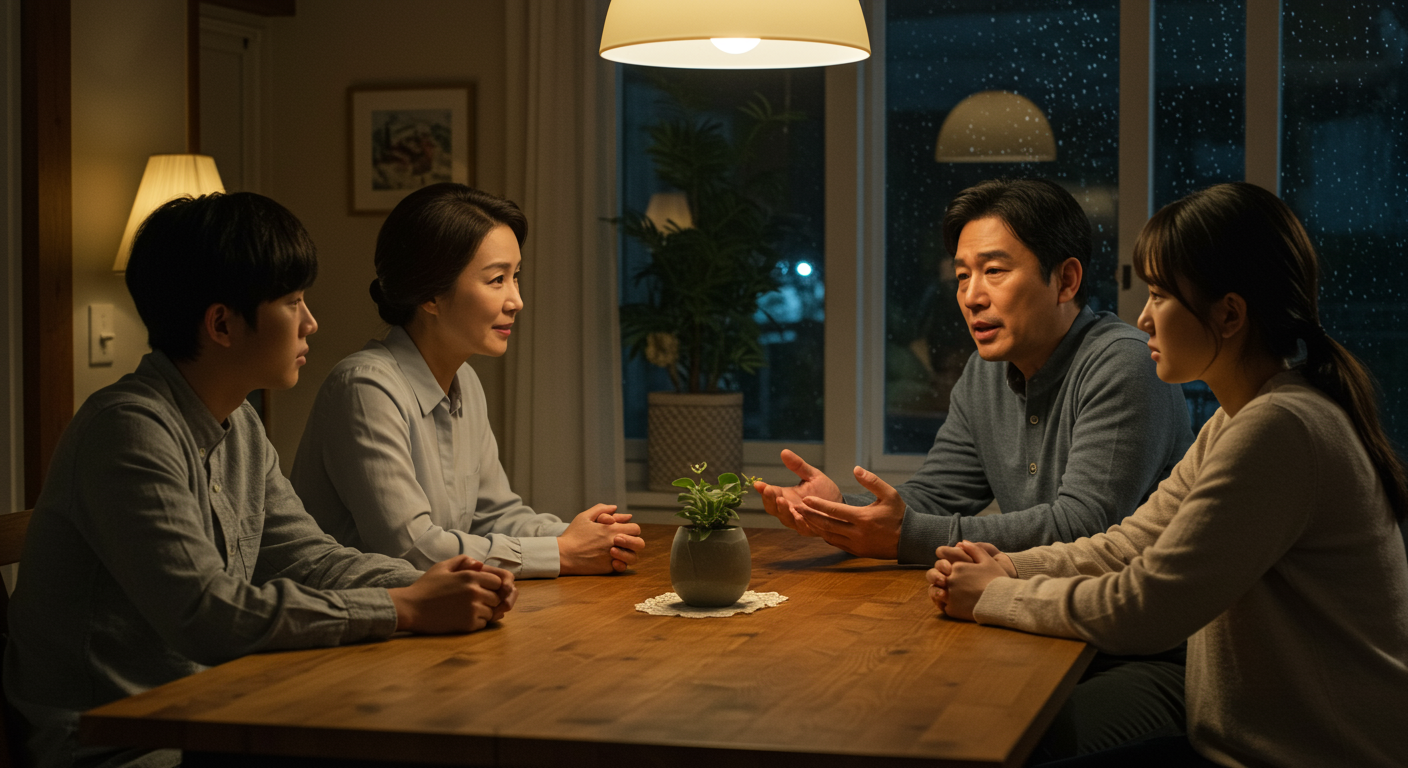 비오는 저녁에 실내에서 사회적 이슈와 가족 역학에 대해 토론하는 사려 깊은 한국 가족