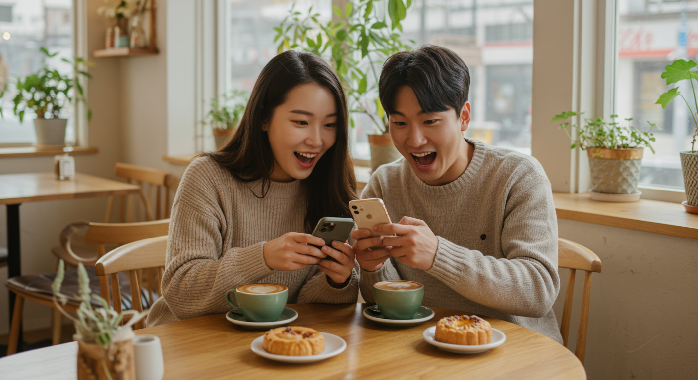 카페에서 저렴한 후쿠오카 항공권을 발견하고 기뻐하는 여행객들