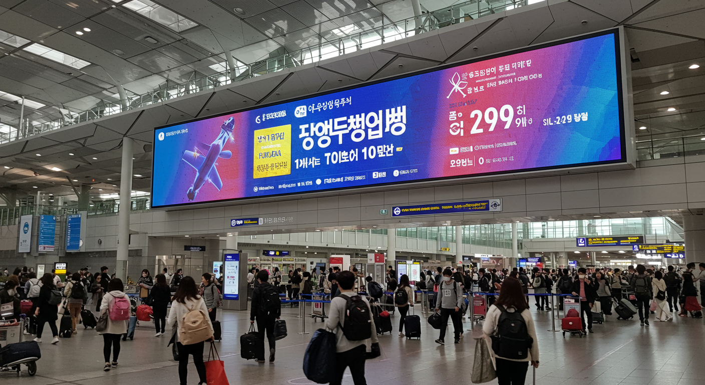 인천공항의 디지털 광고판에 표시된 경쟁적인 항공권 가격