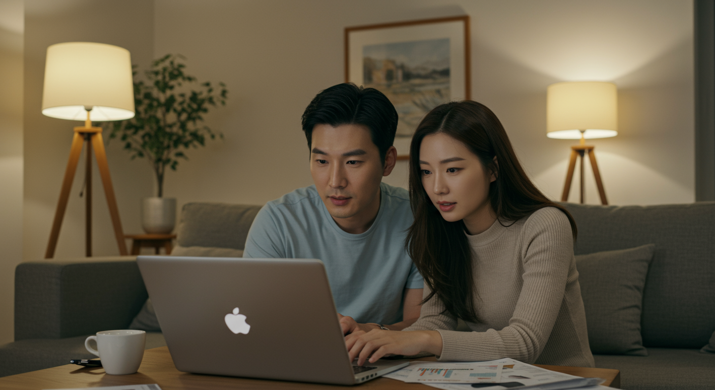 현대식 거실에서 노트북으로 후쿠오카 항공권 가격을 비교하는 커플