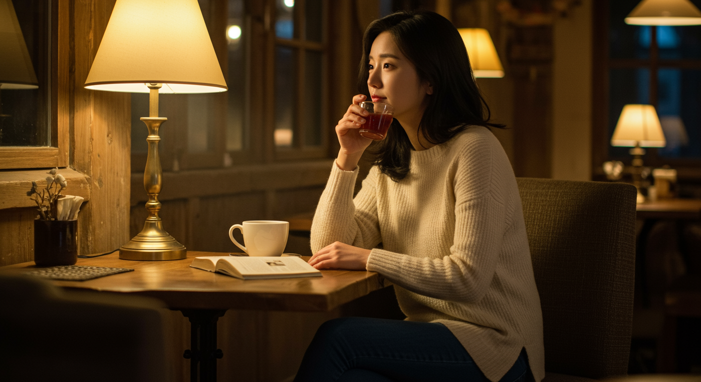 카페에서 책을 읽으며 삶을 성찰하는 여성의 고요한 순간