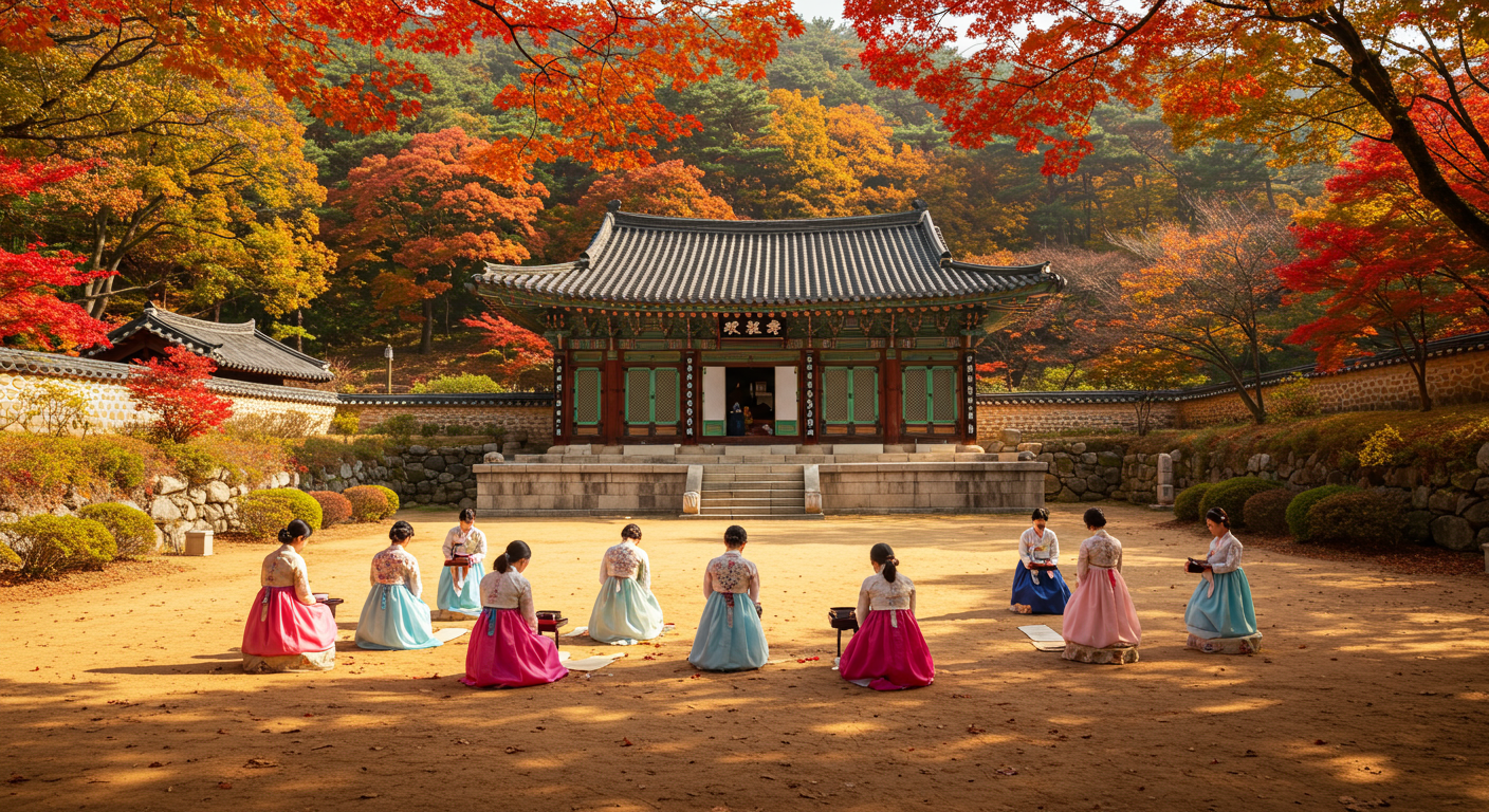 가을 단풍 속 불국사 전경과 한복을 입은 여성들이 문화 외교를 펼치는 모습