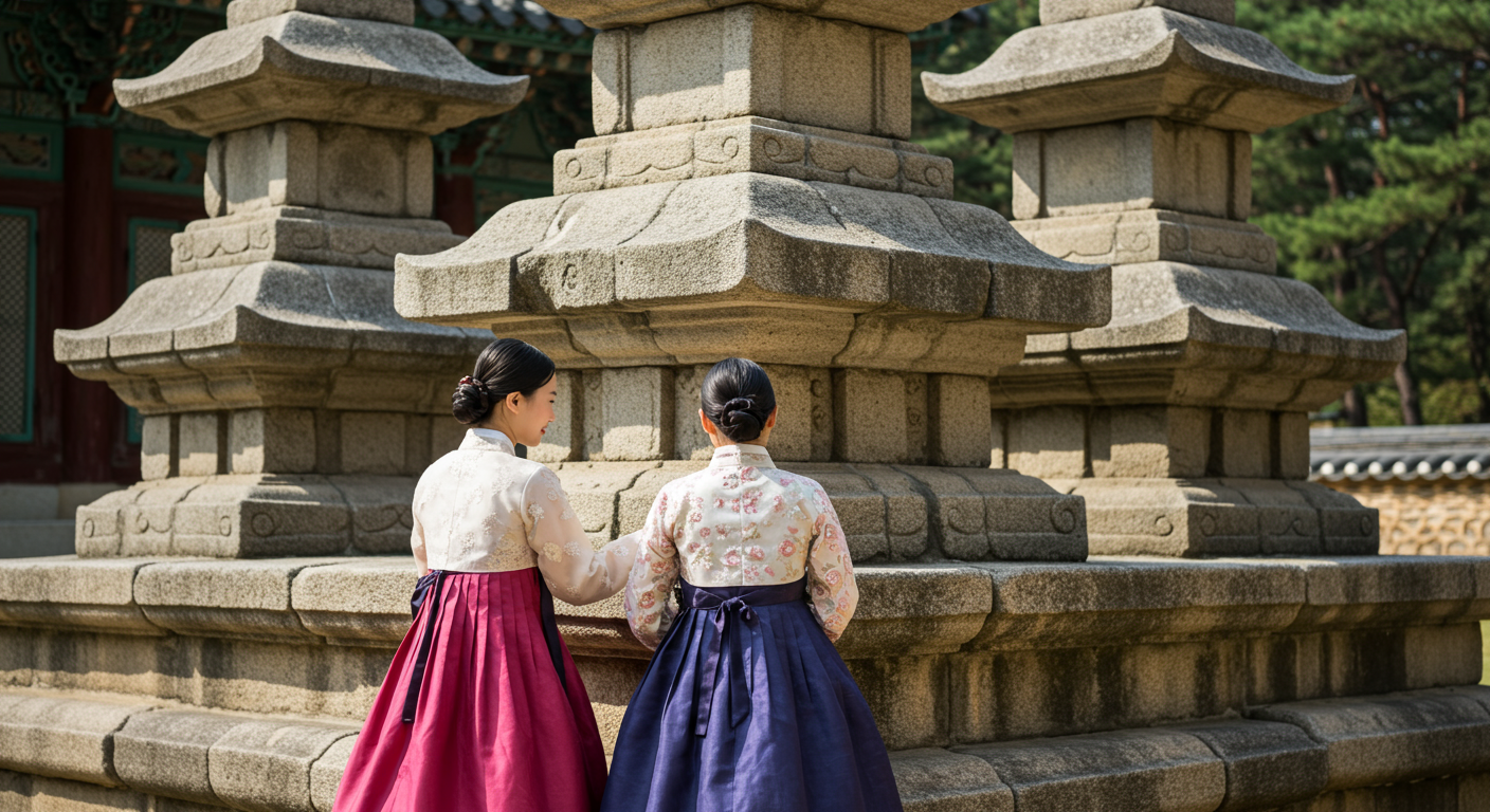 고대 석탑 앞에서 전통 한복을 입고 있는 한국 여성들
