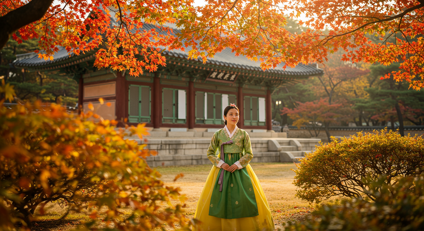 가을 단풍과 어우러진 옥색 저고리와 노란 치마를 입은 여성