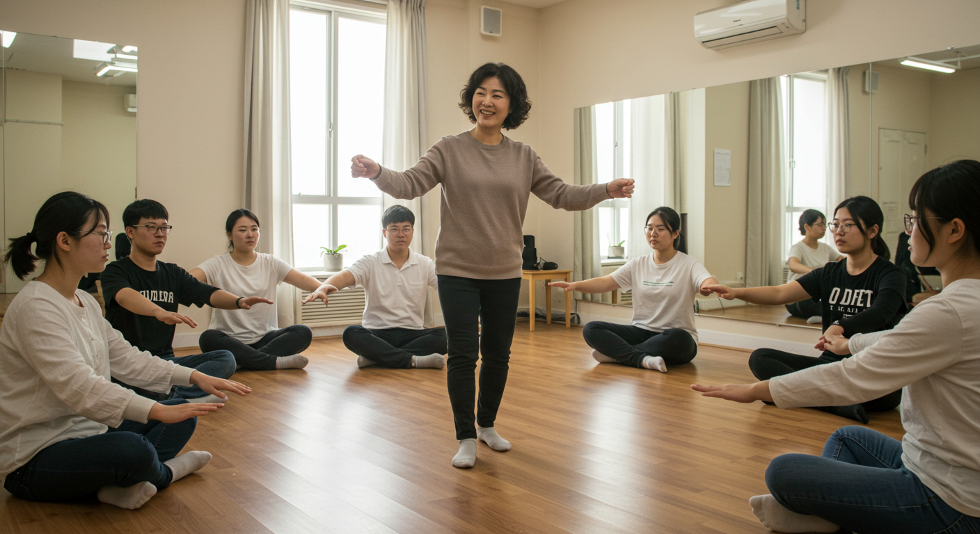 밝은 연습실에서 학생들에게 복식호흡을 가르치는 보컬 코치