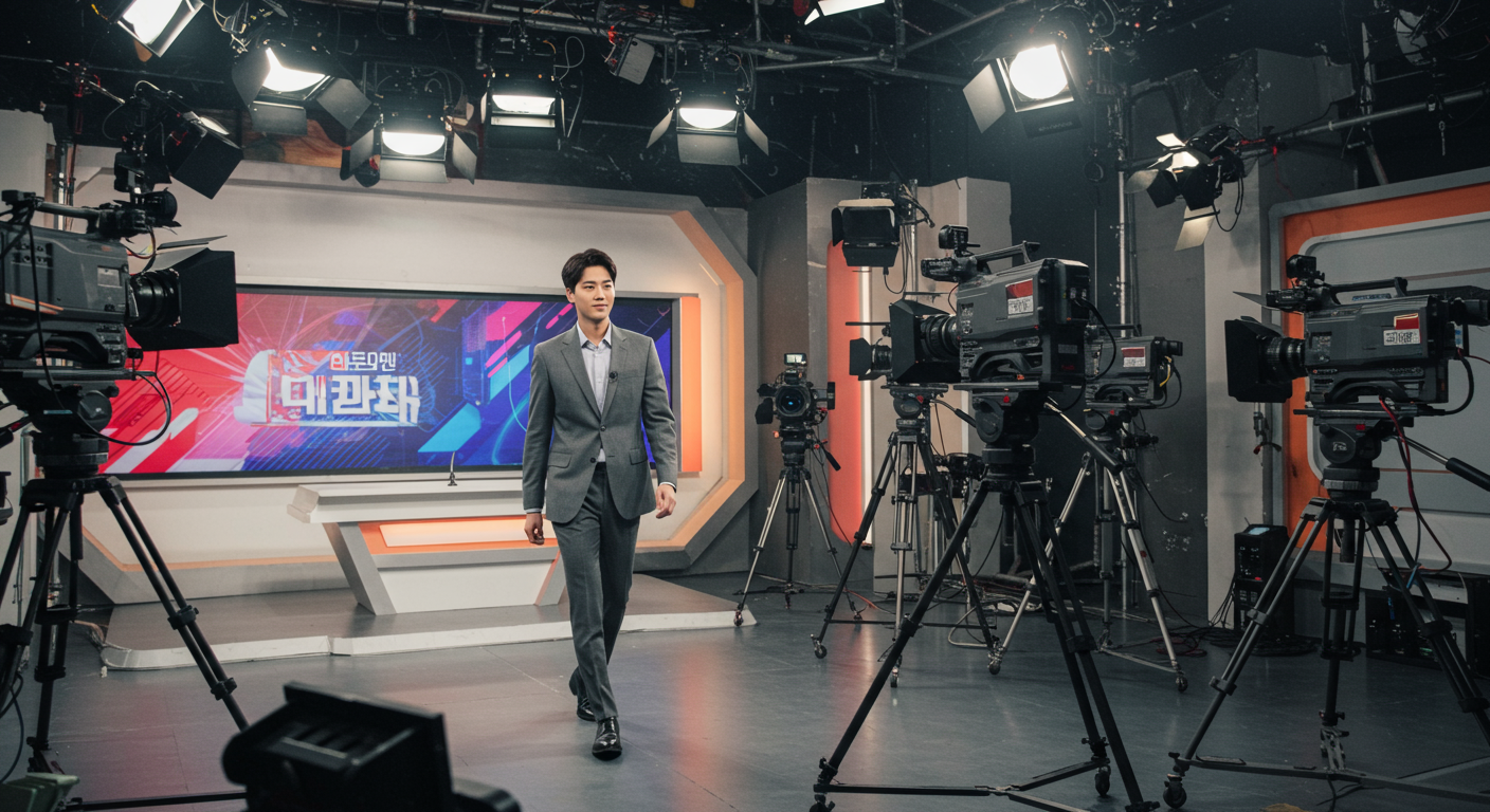 젊고 잘생긴 남성이 자신감 있게 텔레비전 스튜디오에 들어서는 장면