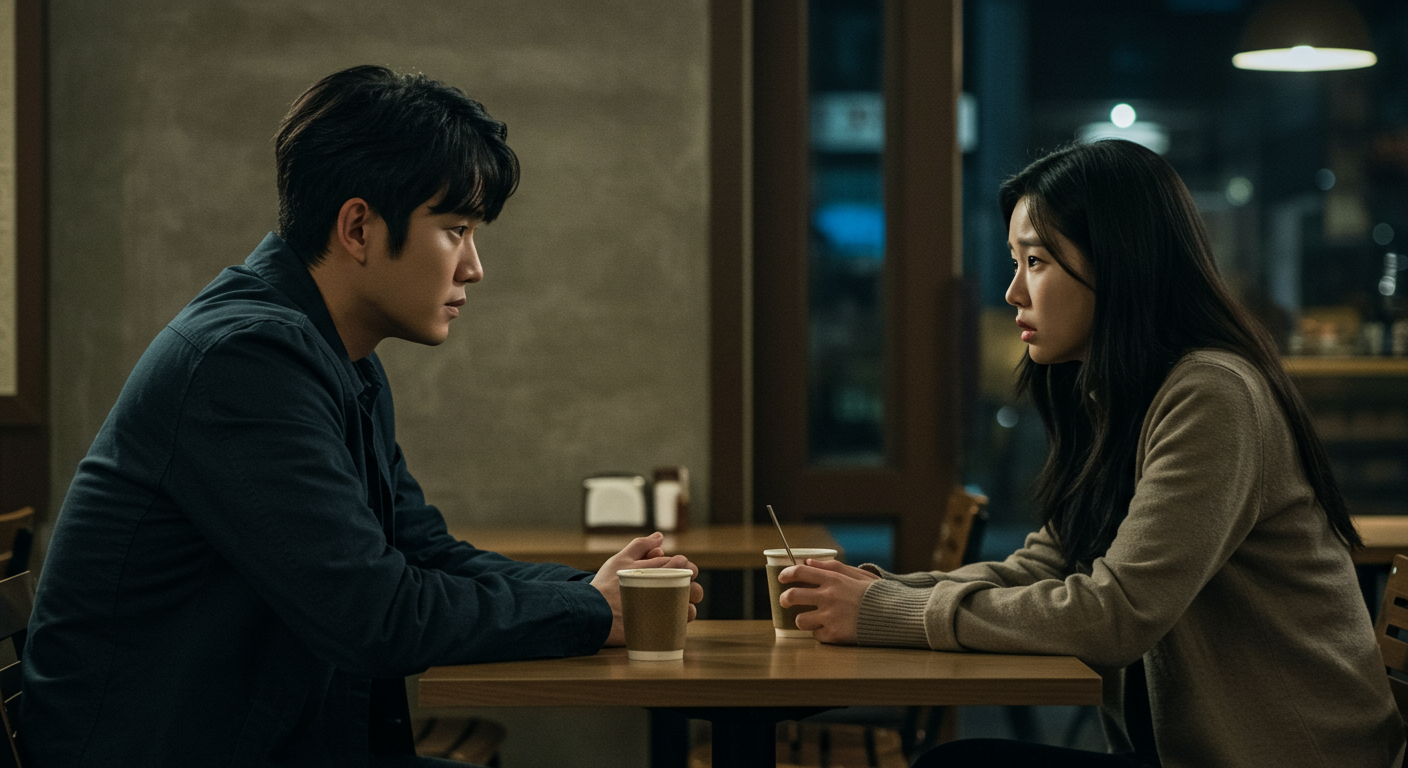 카페에서 감정적인 대화를 나누는 두 사람의 긴장감 넘치는 장면
