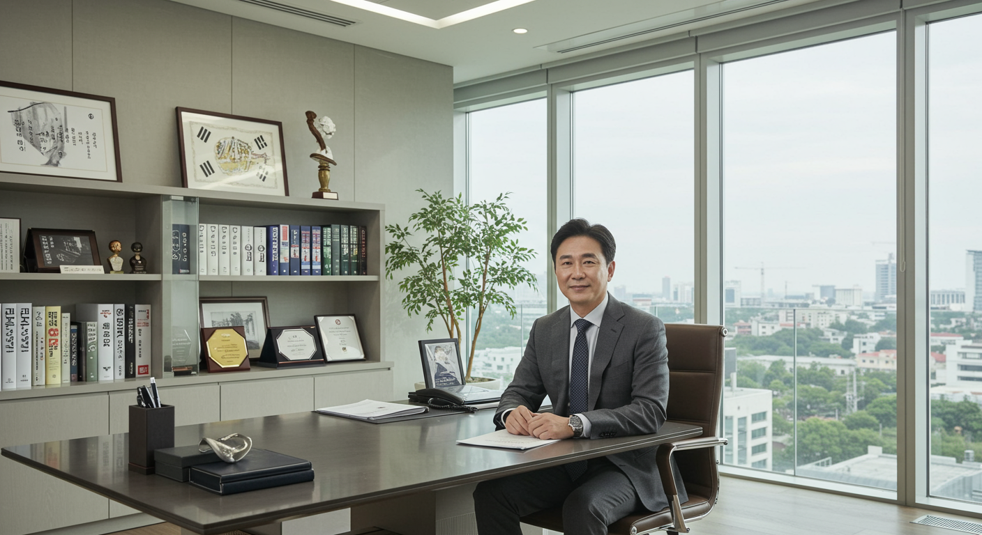 현대적인 사무실에서 업적을 자랑하는 변호사의 모습