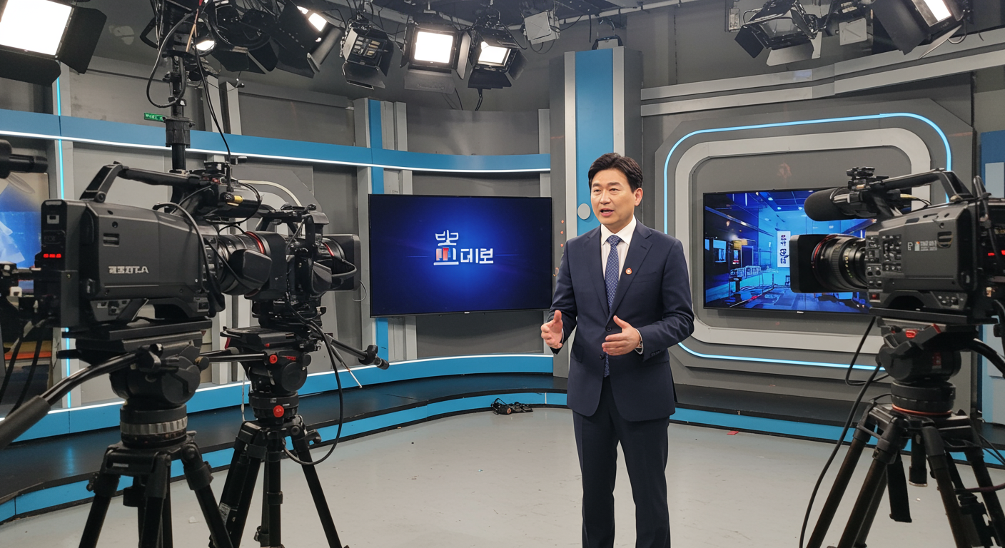 TV 세트장에서 법적 이슈를 논의하는 한국인 변호사의 모습