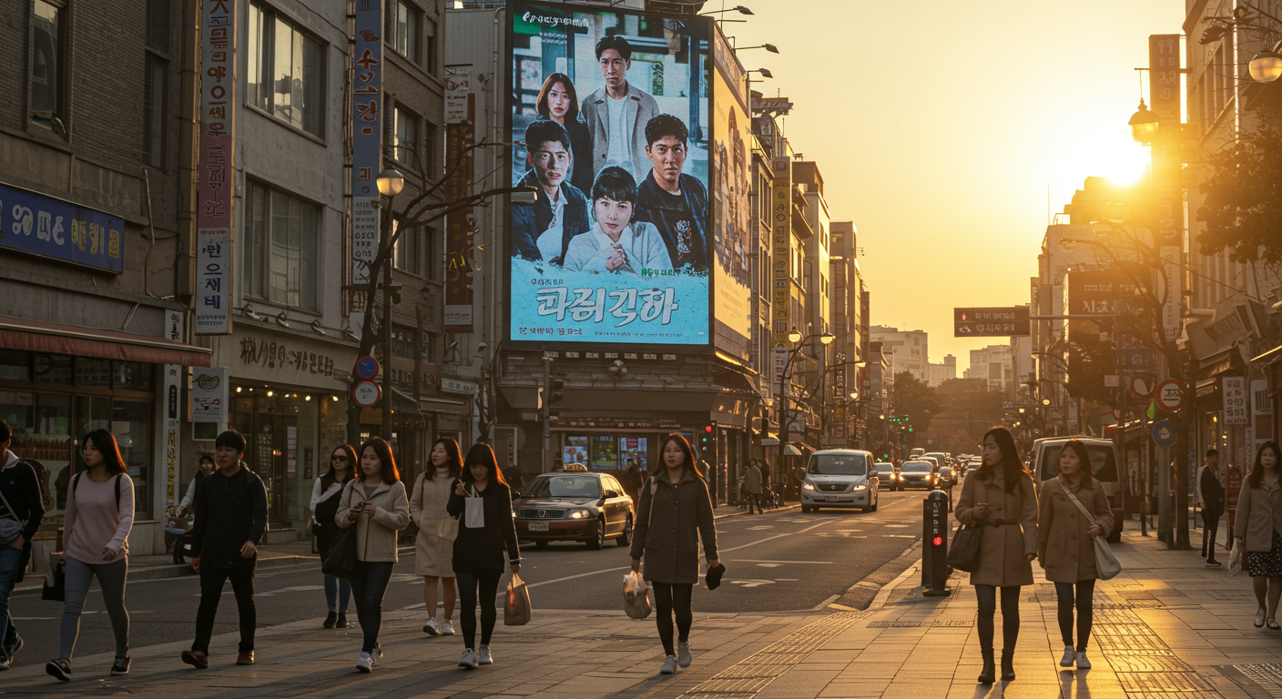 서울 거리에서 드라마 장면이 나오는 대형 전광판