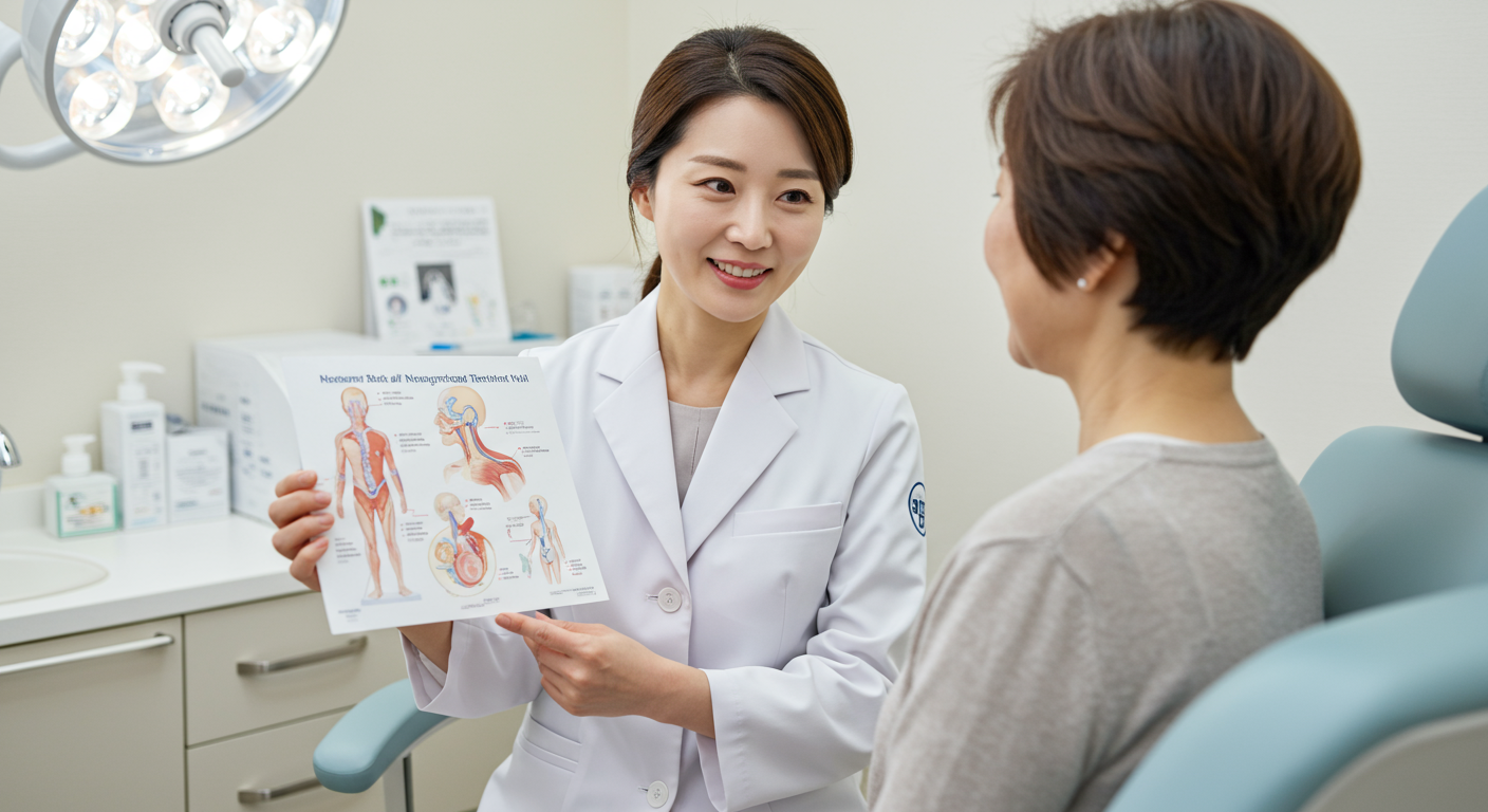 진료실에서 환자에게 비수술 치료 옵션을 설명하는 한국 의료 전문가