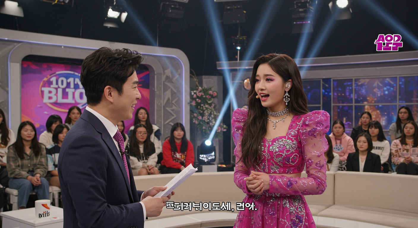 한류 스타가 TV 스튜디오에서 데이트 루머에 대해 이야기하는 장면