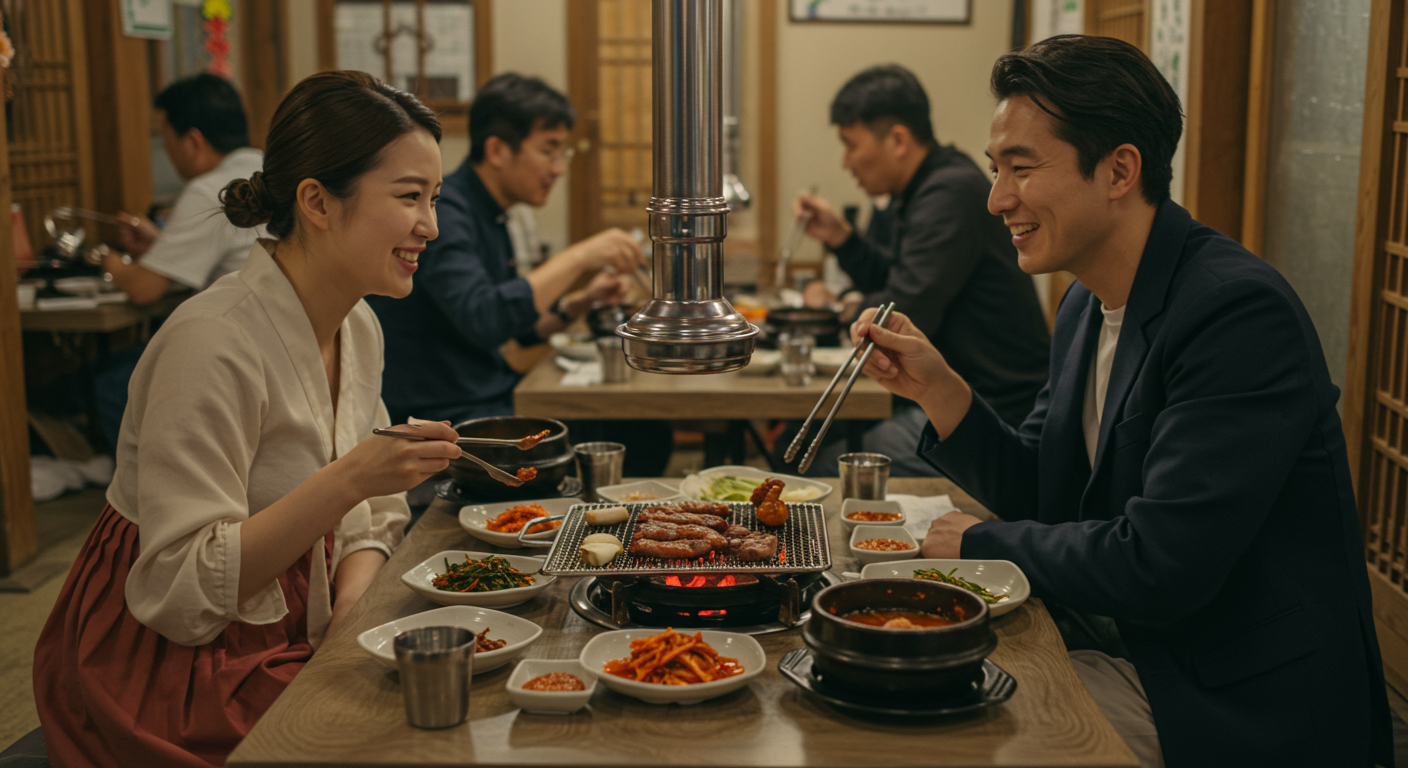 전통 고깃집에서 식사 중인 현대적인 한국 커플의 자연스러운 순간 포착