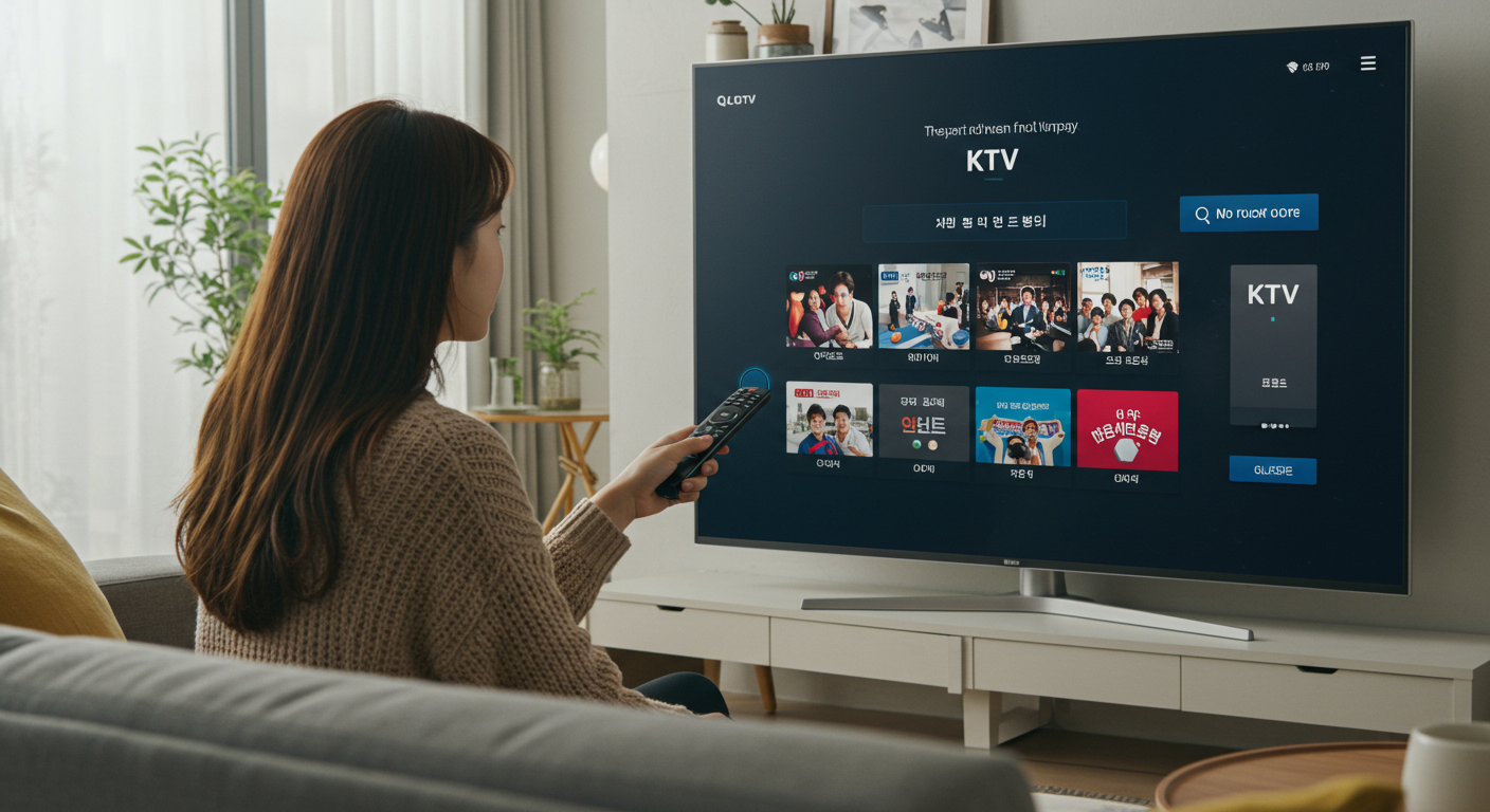 젊은 여성이 IPTV 메뉴를 검색하여 KTV 채널을 찾고 있는 모습