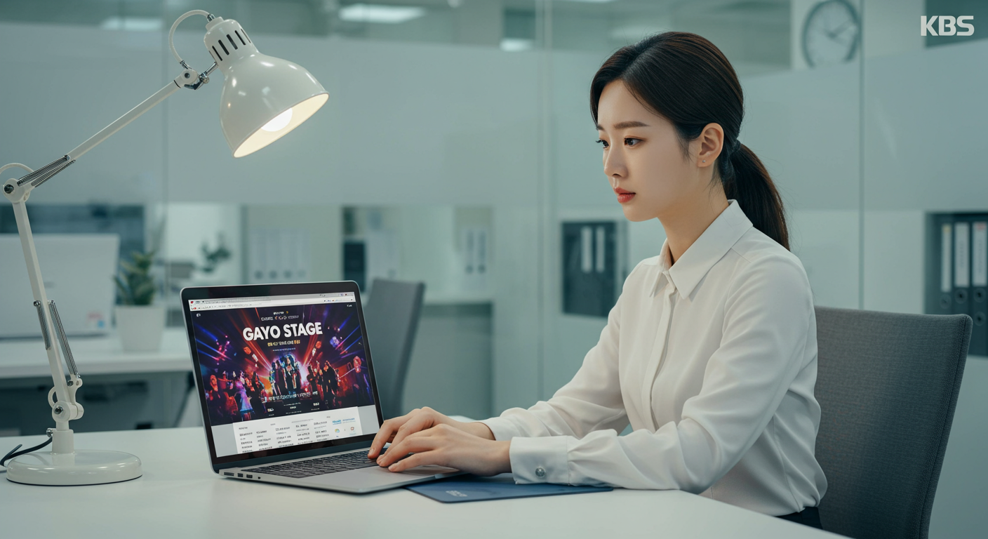 사무실에서 노트북으로 KBS 홈페이지의 미리보기 섹션을 확인하는 직장인