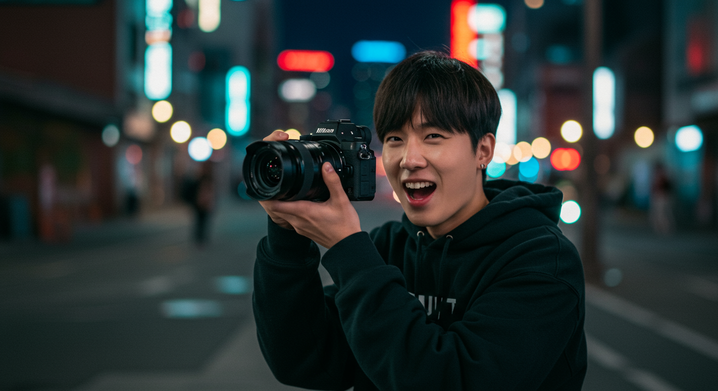 도심 배경에서 니콘 Zf 카메라로 촬영 중인 한국인 비디오 크리에이터